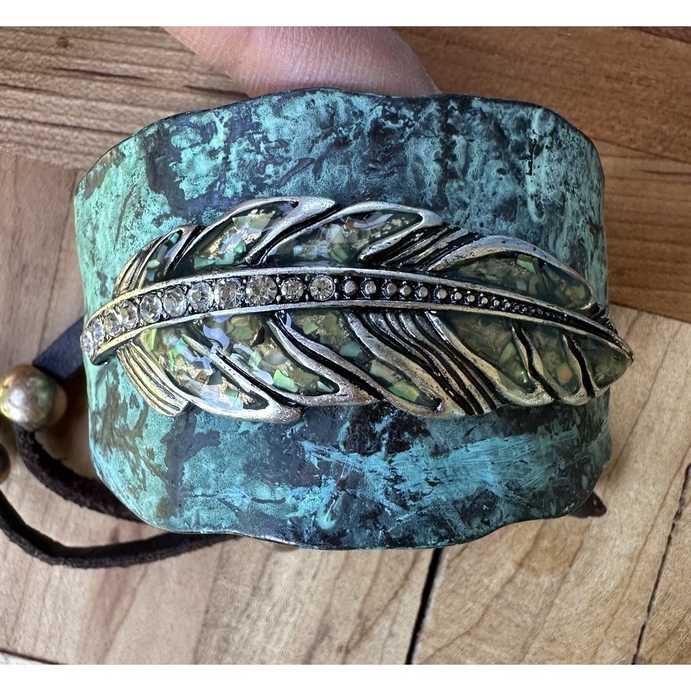 Artisan Cuff Bracelet Size 8 Adjustable Copper Tribal Feather Rhinestone Leather